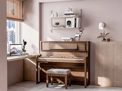 Cozy Interior Room With Wooden Piano Art Supplies Work Desk Laptop And Decorative Shelf 3d model