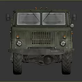 Military Truck in Military Green with Open Cargo Bed and Large Tires
