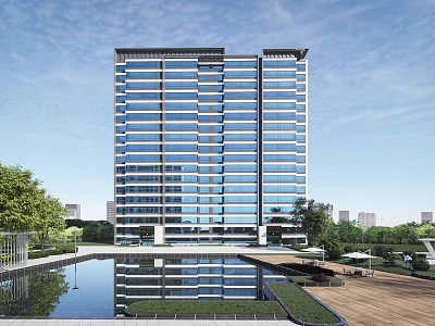 Modern High Rise Building With Glass Curtain Walls Water Pool And Landscaping 3d model