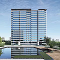 Modern High Rise Building With Glass Curtain Walls Water Pool And Landscaping