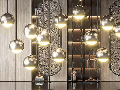 Modern Elegant Spherical Metal Pendant Lights Glowing in Living Room Decor Design 3d model
