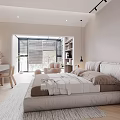 Modern Bedroom With Upholstered Bed Bookshelf Pink Armchair Skylight And Wooden Flooring