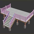 Outdoor Wooden Deck Structure With White Railings Staircase And Concrete Support Posts