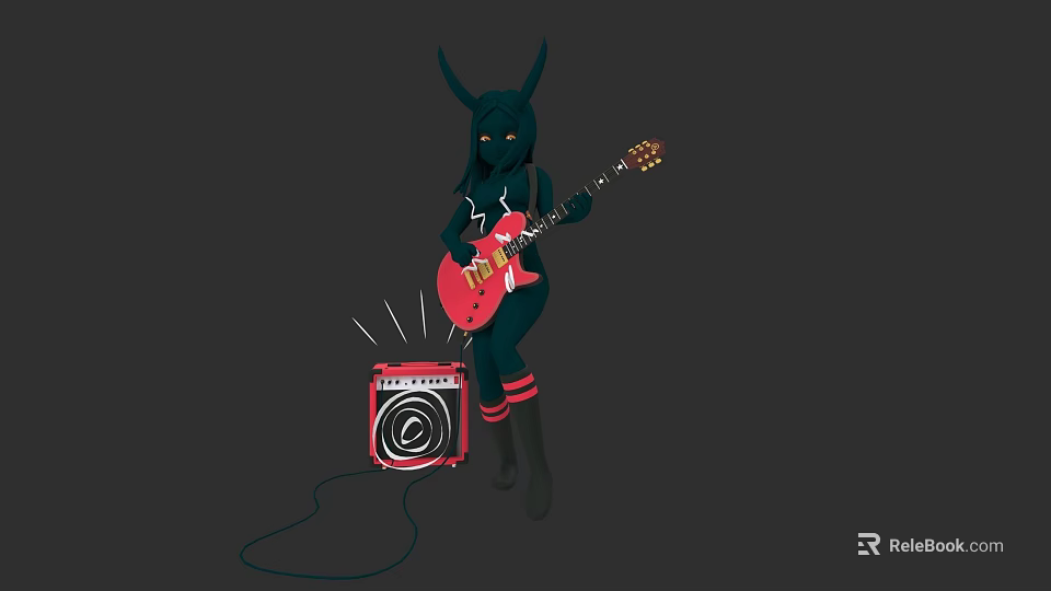 Woman In Black Outfit With Horns Playing Red Electric Guitar Near Amplifier 3d model 