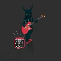 Woman In Black Outfit With Horns Playing Red Electric Guitar Near Amplifier
