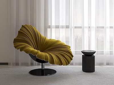 Petal Shaped Yellow Accent Chair with Black Circular Base and Side Table in Bright Room 3d model