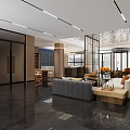 Modern Hotel Lobby Interior Design With Marble Floor Glass Partitions Reception Desk And Yellow Sofas