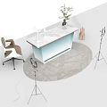 Modern Office Desk Setup With Chair Ring Light Potted Plant And Decorative Items