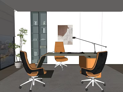 Modern Office Interior Design With Glass Desk Comfortable Chairs Artwork Potted Plant And Display Shelf 3d model