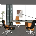 Modern Office Interior Design With Glass Desk Comfortable Chairs Artwork Potted Plant And Display Shelf