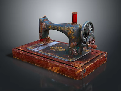 Antique Vintage Sewing Machine Featuring Red Spool And Wooden Base With Retro Design 3d model