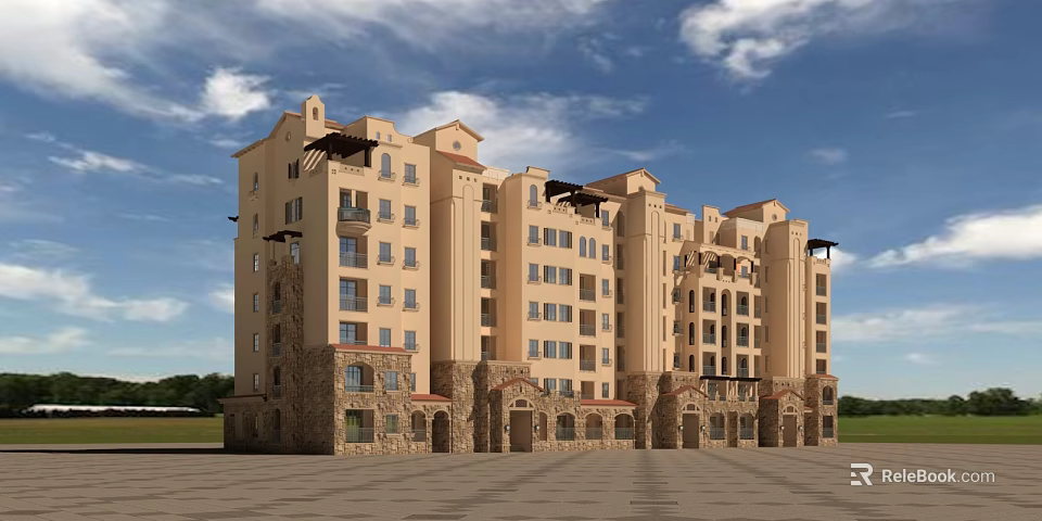 Multi Story Residential Building Featuring Traditional Design Beige Exterior Brown Stone Base And Arched Balconies 3d model 