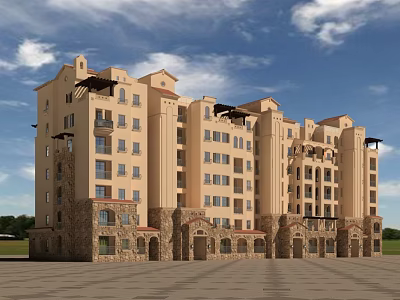 Multi Story Residential Building Featuring Traditional Design Beige Exterior Brown Stone Base And Arched Balconies 3d model