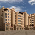 Multi Story Residential Building Featuring Traditional Design Beige Exterior Brown Stone Base And Arched Balconies