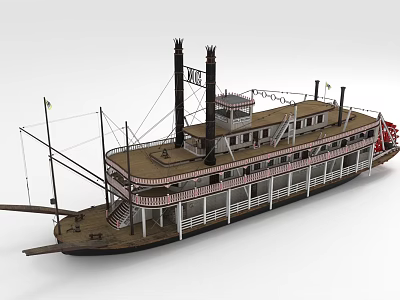 Vintage Steam Paddlewheel Riverboat With Multiple Decks And Twin Chimneys 3d model