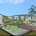 Elegant Garden Landscape Featuring Pavilion Circular Design Trees And Stone Path 3d model
