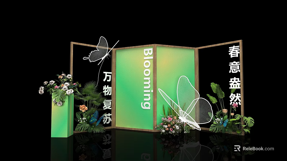 Spring Themed Decorative Scene With Blooming Flowers Butterfly And Dragonfly Elements 3d model