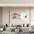 Modern Living and Dining Room Interior With Sofa Coffee Table Circular Wall Decor And Lighting 3d model