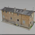 Old Two Story Building With Weathered Brown Facade Dark Roof Chimneys And Windows