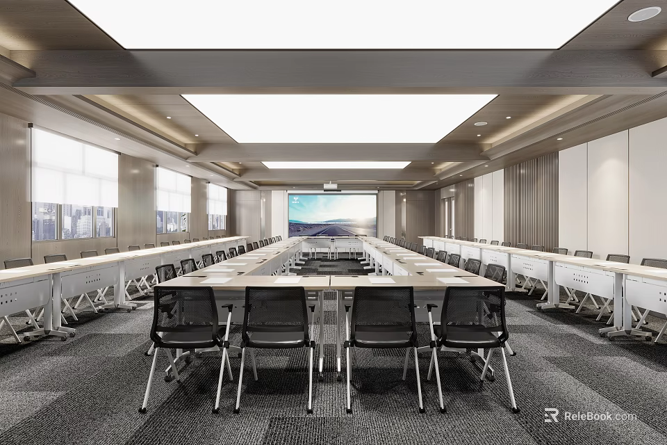 Modern Conference Room Interior Design With Long Table Projector Screen Large Windows And Chairs 3d model 