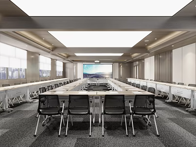 Modern Conference Room Interior Design With Long Table Projector Screen Large Windows And Chairs 3d model