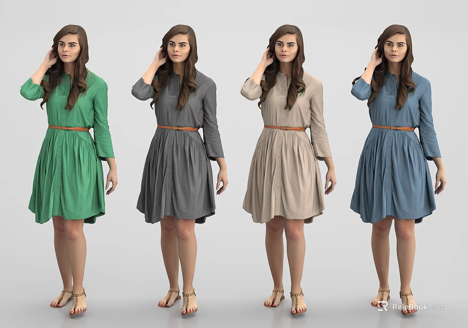 Four Women Wearing Different Color Long Sleeve Belted Waist Dresses With Sandals 3d model 