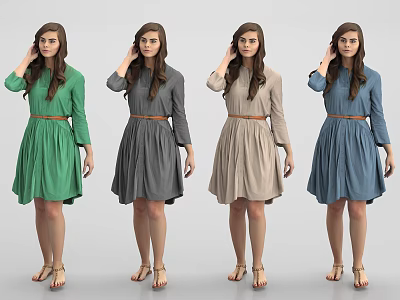 Four Women Wearing Different Color Long Sleeve Belted Waist Dresses With Sandals 3d model