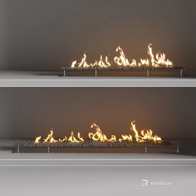 Modern Double Layer Fireplace With Realistic Flames On White Wall Design 3d model 
