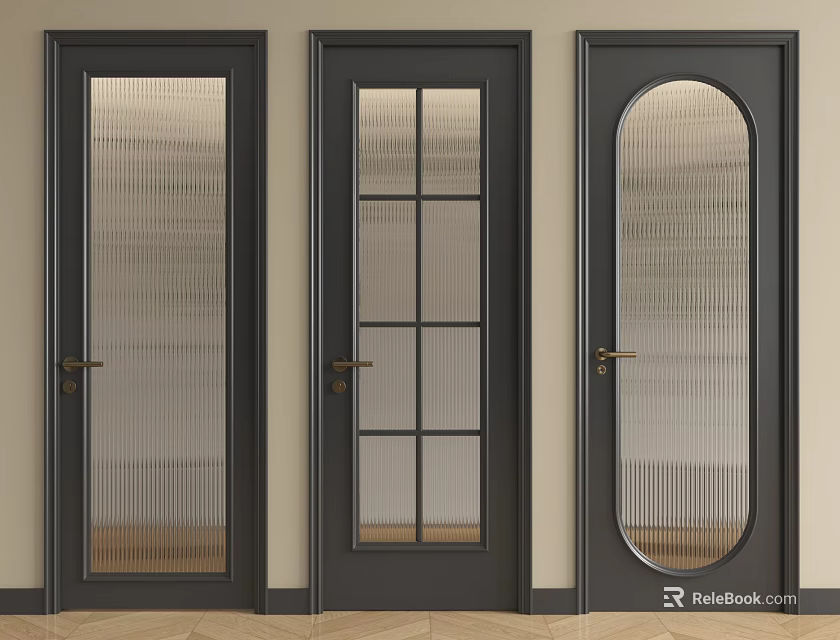 Dark Colored Hinged Doors With Frosted Grid Arched Glass And Brass Handles 3d model 