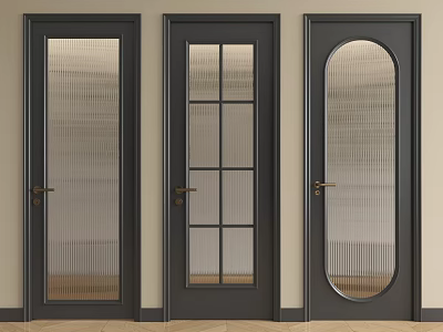 Dark Colored Hinged Doors With Frosted Grid Arched Glass And Brass Handles 3d model