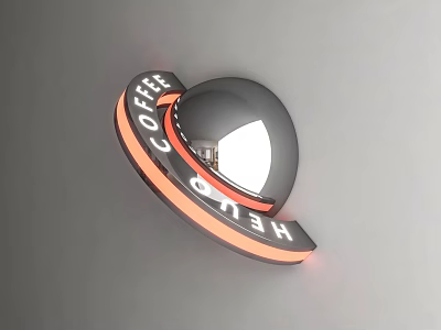 Reflective Road Facility With Spherical Design Orange Black Rings And HELLO COFFEE Sign 3d model