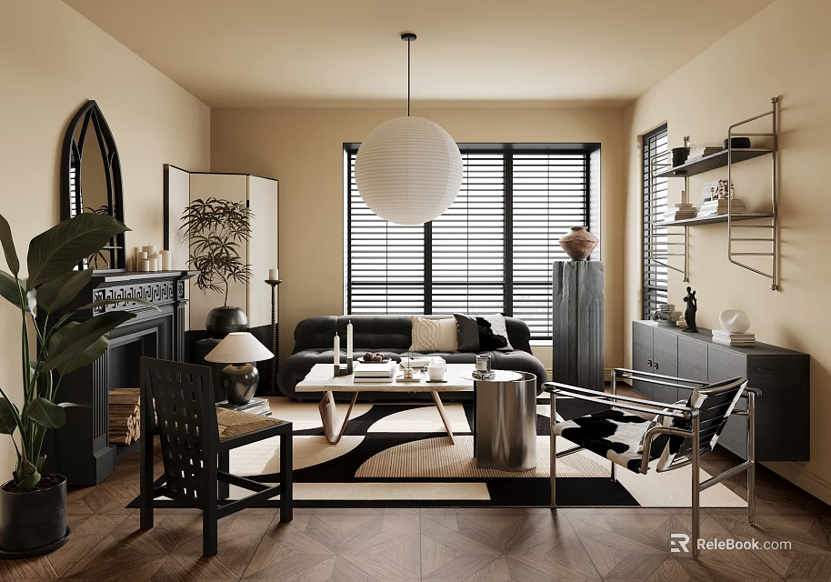 Modern Living Room Interior With Black Sofa Geometric Rug Coffee Table And White Pendant Light 3d model 