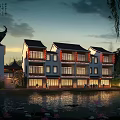 Traditional Chinese Architecture with White Walls Black Tiles Green Lawns and Trees in Rural Area