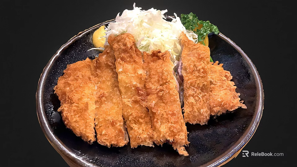 Crispy Tonkatsu with Golden Crunchy Exterior Served with Shredded Cabbage on Black Plate 3d model 