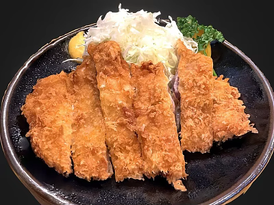 Crispy Tonkatsu with Golden Crunchy Exterior Served with Shredded Cabbage on Black Plate 3d model