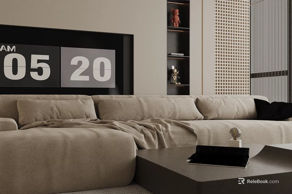 Modern Minimalist Beige Three Seater Sofa with Throw Pillow Coffee Table and Numeric Decor Wall 3d model 