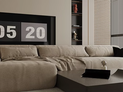 Modern Minimalist Beige Three Seater Sofa with Throw Pillow Coffee Table and Numeric Decor Wall 3d model