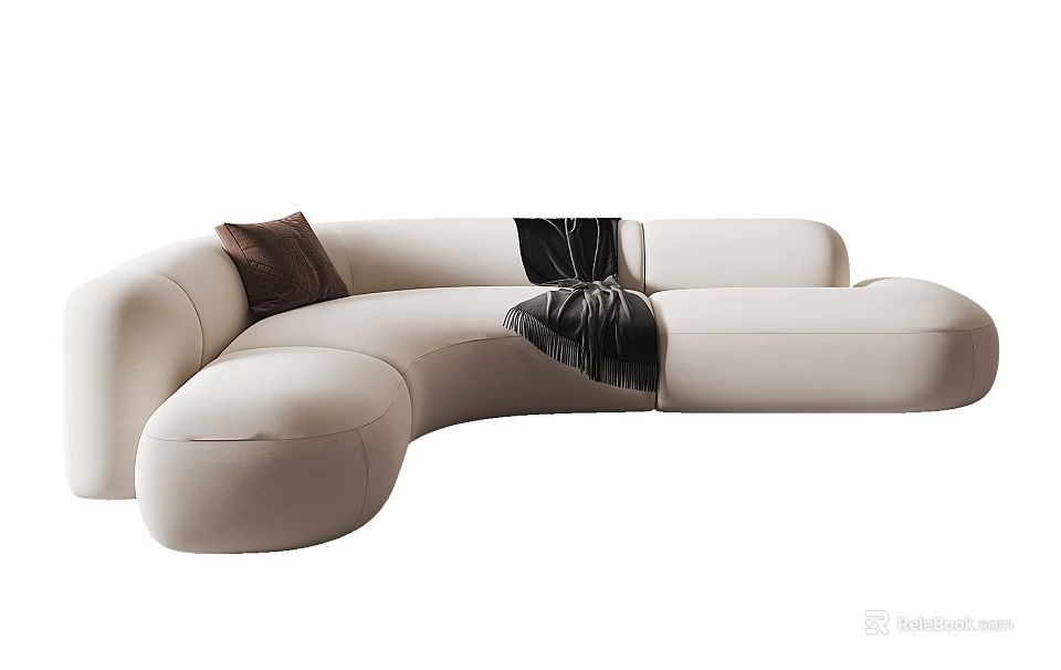 Modern Sectional Sofa Design With Beige Fabric Pillows And Soft Throw Blanket 3d model 