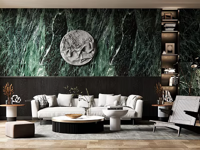 Elegant Living Room with Green Marble Feature Wall Circular Relief White Sofa Round Coffee Table 3d model