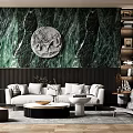 Elegant Living Room with Green Marble Feature Wall Circular Relief White Sofa Round Coffee Table