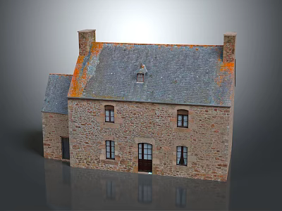 Traditional Stone House Exterior View With Grey Roof Orange Patches Chimneys Windows And Door 3d model