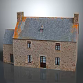 Traditional Stone House Exterior View With Grey Roof Orange Patches Chimneys Windows And Door