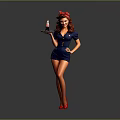 Vintage Pinup Woman In Blue Uniform Red Hairband Red Heels Holding Tray Beverage Bottle
