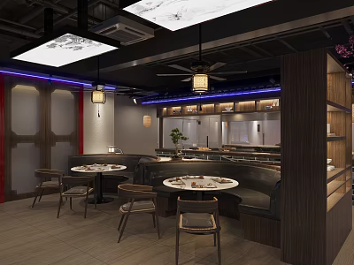 Traditional Hot Pot Restaurant Interior With Round Tables Wooden Chairs And Hanging Lamps 3d model