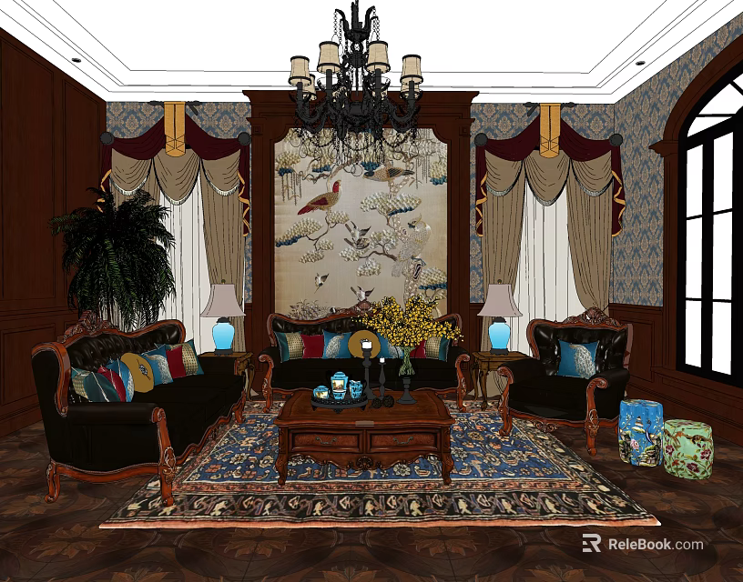 Traditional Chinese Style Sofa and Coffee Table Set with Decorative Rug Curtains and Chandelier 3d model 