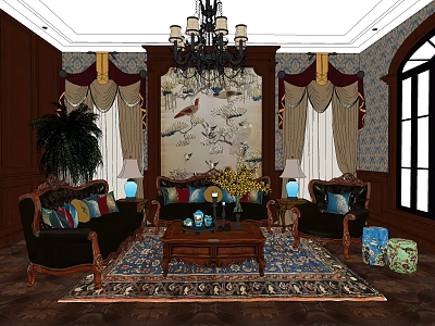 Traditional Chinese Style Sofa and Coffee Table Set with Decorative Rug Curtains and Chandelier 3d model