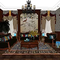 Traditional Chinese Style Sofa and Coffee Table Set with Decorative Rug Curtains and Chandelier