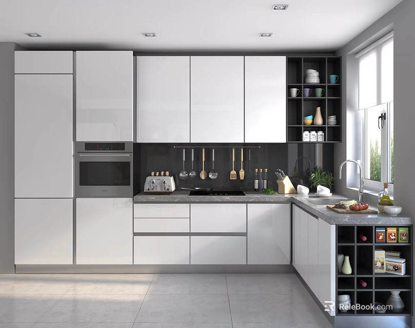 Modern White Kitchen Cabinets With Countertop Sink And Appliances Design 3d model