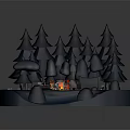 Cartoon Scene of Kid with Glasses and Red Robot Sitting by Campfire
