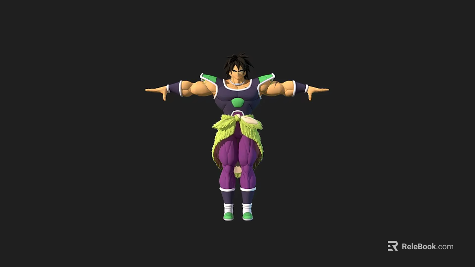 Muscular Game Movie Character With Short Hair Green Black Armor Purple Pants Arms Outstretched 3d model 